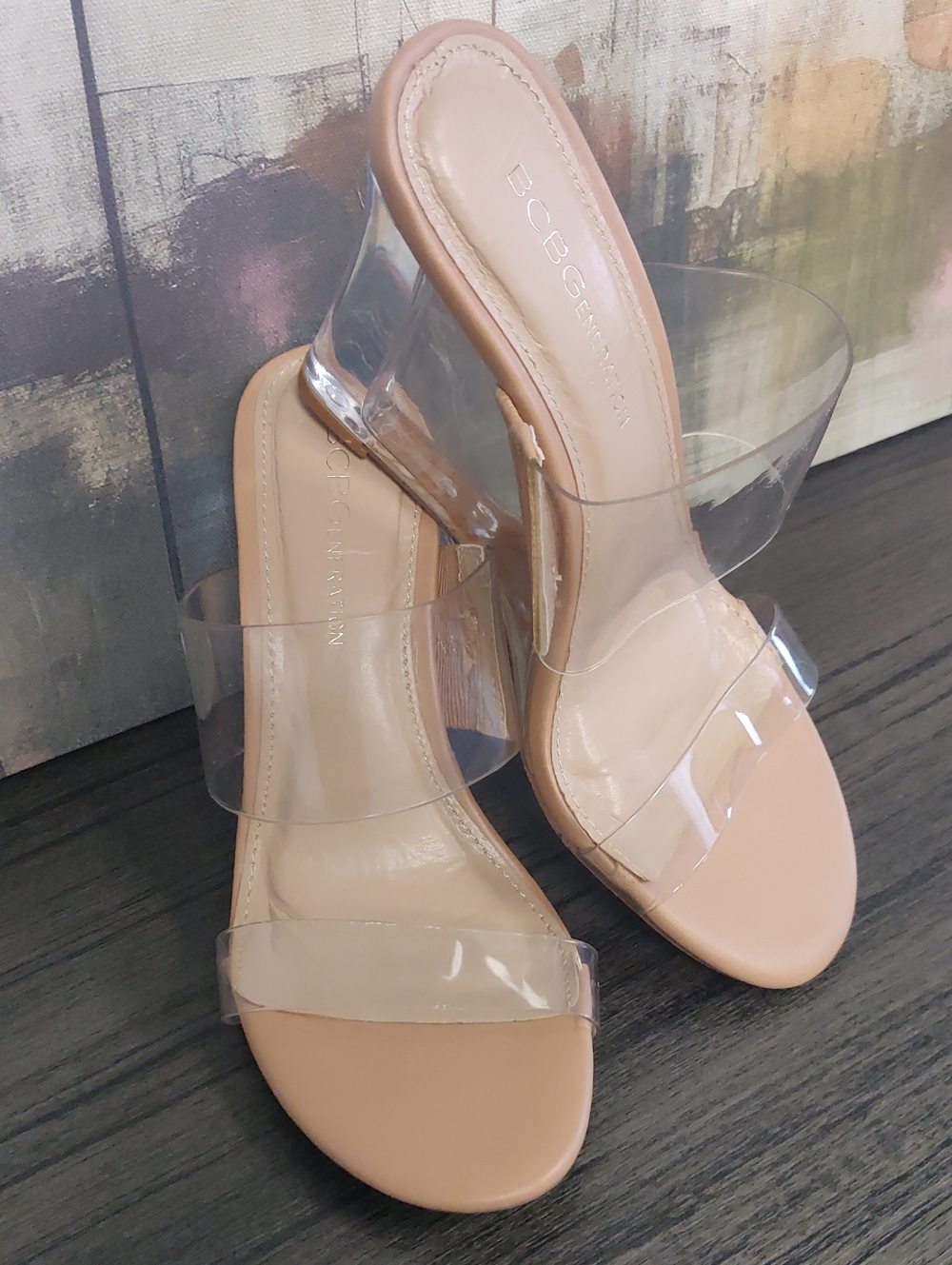 BCBGeneration Nude Clear-Strap Wedge Slides